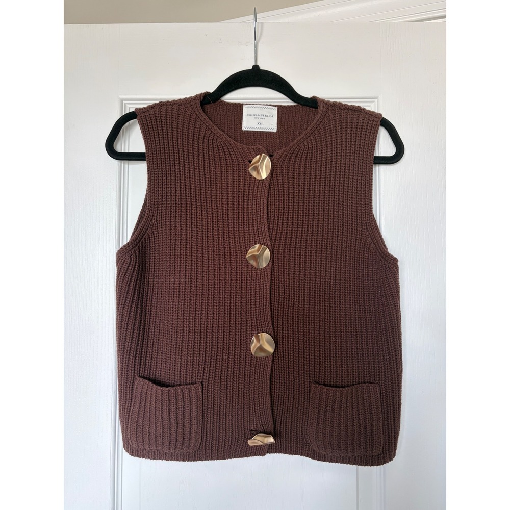 Soho & Stella Brown Ribbed Knit Sweater Vest Gold Button Cardigan XS ST23846